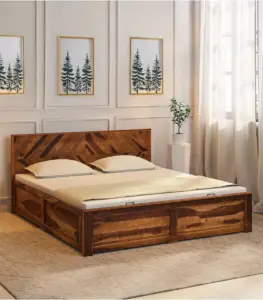 Furion Sheesham Wood Queen Size Bed with Hydraulic Box Storage (Provincial Teak Finish)