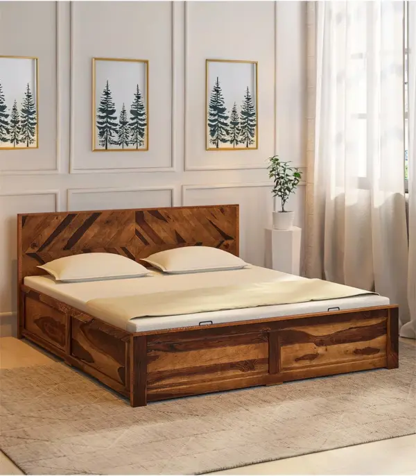 Furion Sheesham Wood Queen Size Bed with Hydraulic Box Storage (Provincial Teak Finish)