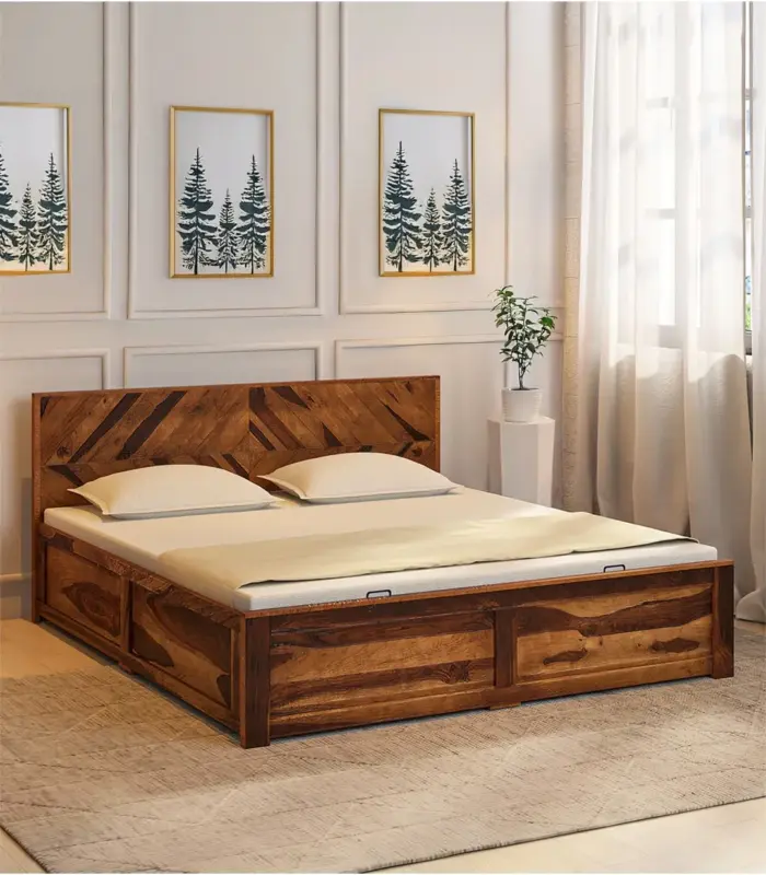 Furion Sheesham Wood Queen Size Bed with Hydraulic Box Storage (Provincial Teak Finish)