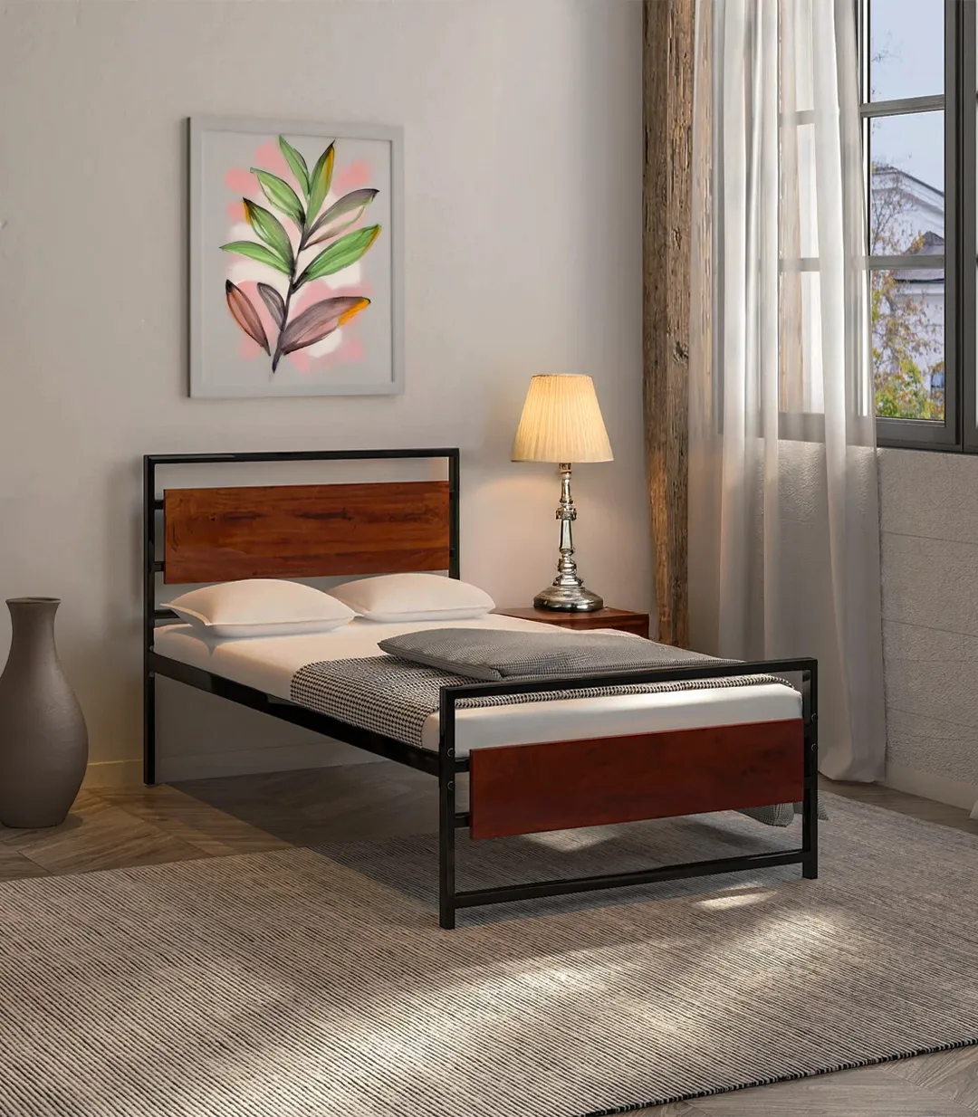Hailri Sheesham Wood with Metal Frame Single Bed without Storage (Honey Oak Finish) Hailri Sheesham Wood with Metal Frame Single Bed without Storage (Honey Oak Finish)