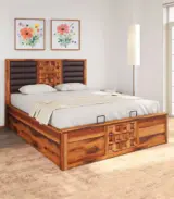Huolk Sheesham Wood Queen Size Bed with Hydraulic Box Storage (Honey Finish)