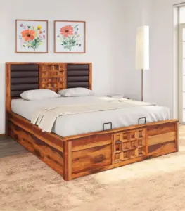 Huolk Sheesham Wood Queen Size Bed with Hydraulic Box Storage (Honey Finish)