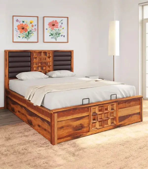 Huolk Sheesham Wood Queen Size Bed with Hydraulic Box Storage (Honey Finish)