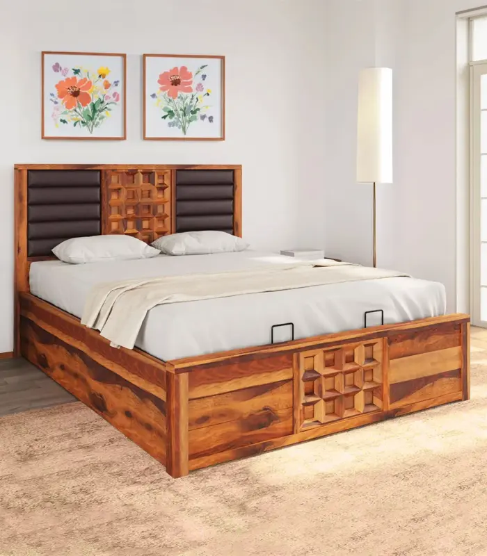 Huolk Sheesham Wood Queen Size Bed with Hydraulic Box Storage (Honey Finish)