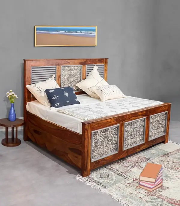 Jelice Sheesham Wood Queen Size Bed with Box Storage (Honey Oak Finish)
