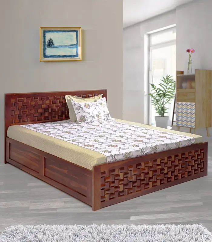 Jolieta Sheesham Wood Queen Size Bed with Hydraulic Box Storage (Honey Finish)