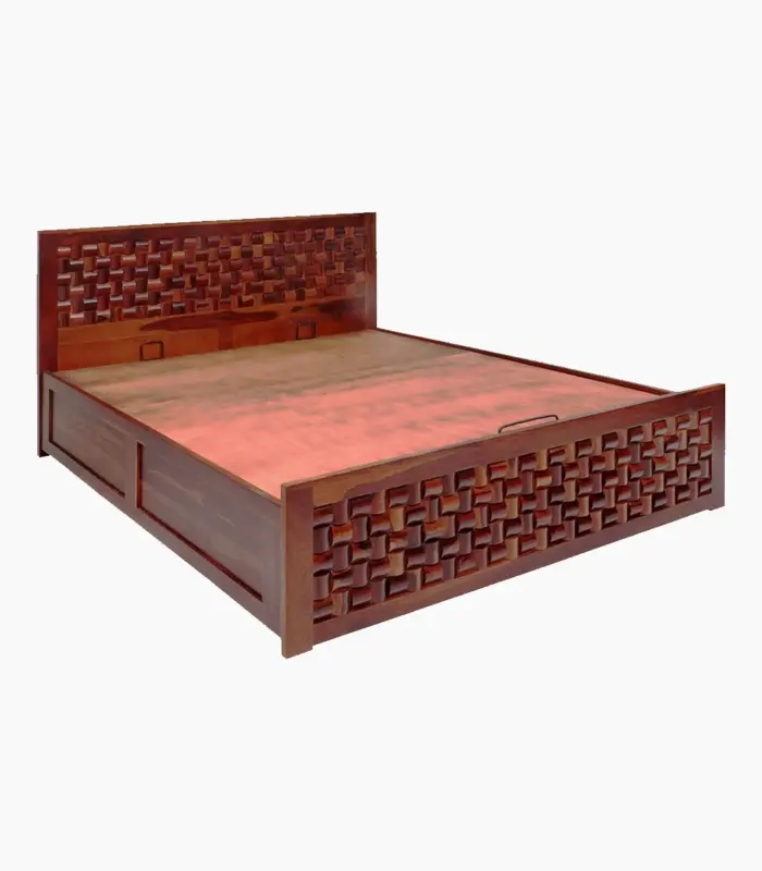 Jolieta Sheesham Wood Queen Size Bed with Hydraulic Box Storage (Honey Finish)