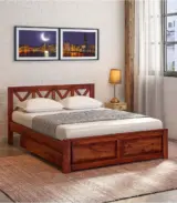 Krysys Sheesham Wood Queen Size Bed with Drawer Storage (Honey Oak Finish)