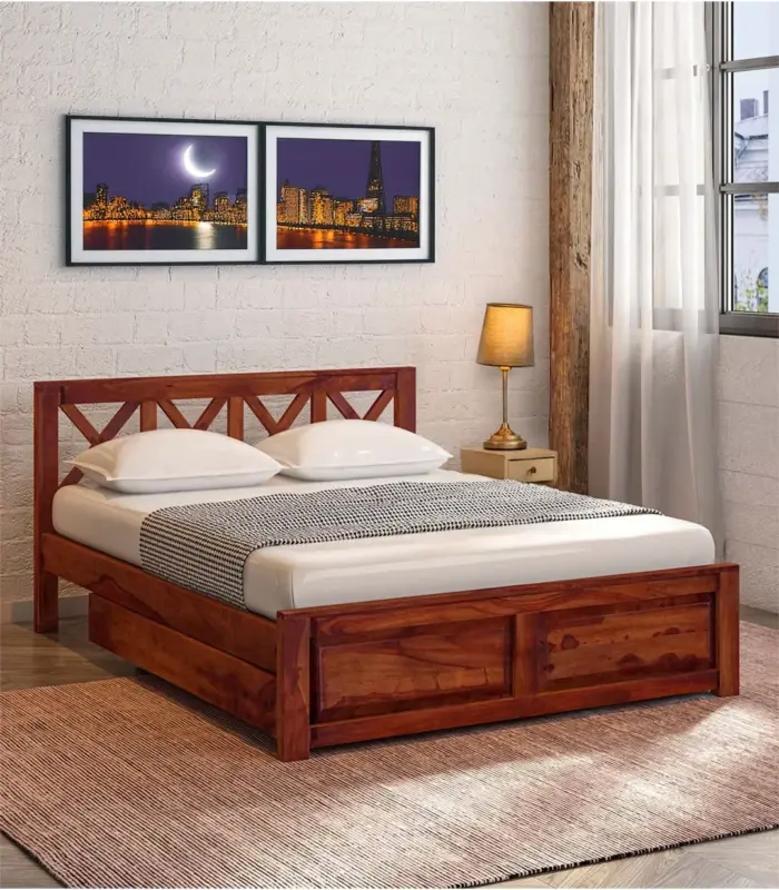 Krysys Sheesham Wood Queen Size Bed with Drawer Storage (Honey Oak Finish)