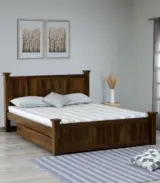 Lordenzo Sheesham Wood Queen Size Bed with Drawer Storage (Teak Finish)