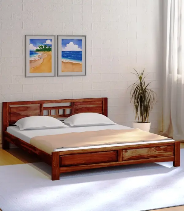 Lyra Sheesham Wood Queen Size Bed without Storage (Rustic Teak Finish)