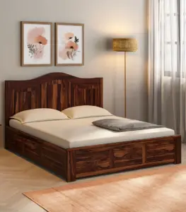 Malfia Sheesham Wood Queen Size Bed with Box Storage (Provincial Teak Finish)