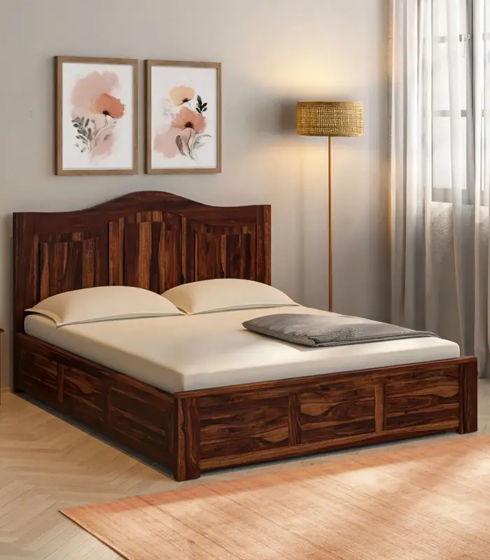 Malfia Sheesham Wood Queen Size Bed with Box Storage (Provincial Teak Finish)