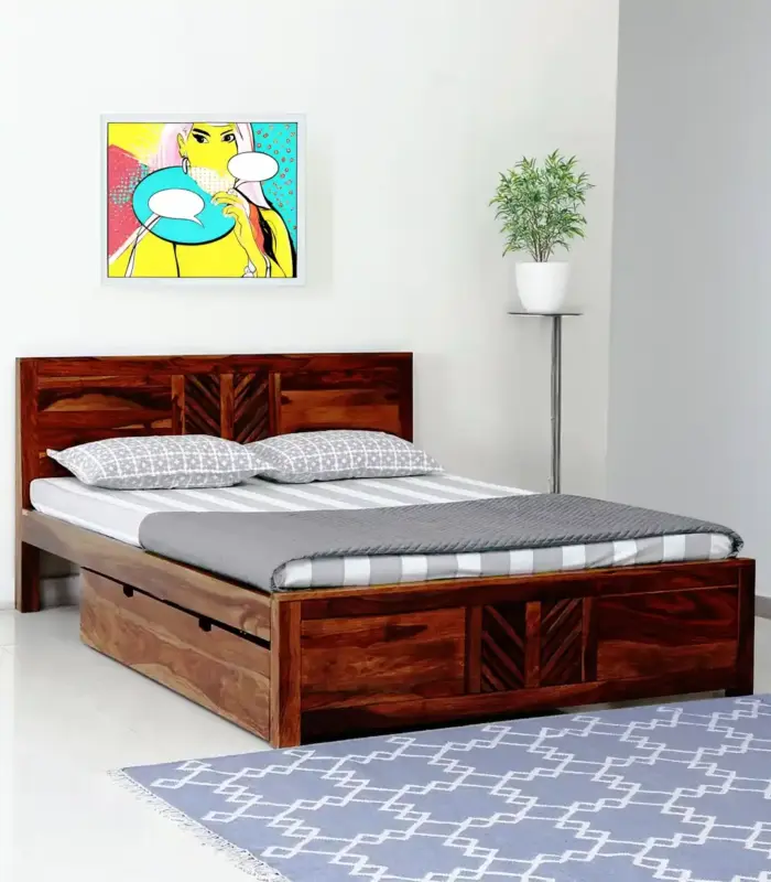 Mourconing Sheesham Wood Queen Size Bed with Drawer Storage (Rustic Teak Finish)