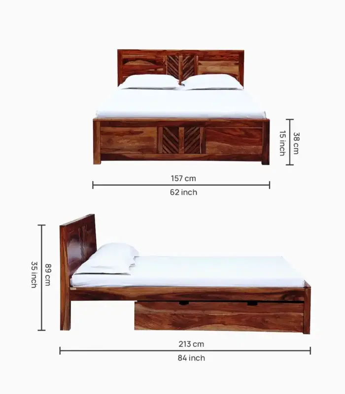Mourconing Sheesham Wood Queen Size Bed with Drawer Storage (Rustic Teak Finish)