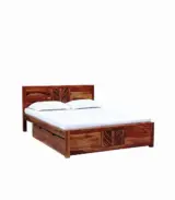 Mourconing Sheesham Wood Queen Size Bed with Drawer Storage (Rustic Teak Finish)