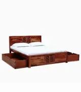 Mourconing Sheesham Wood Queen Size Bed with Drawer Storage (Rustic Teak Finish)
