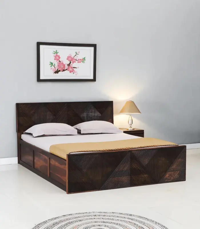 Ritrmo Sheesham Wood Queen Size Bed with Box Storage (Provincial Teak Finish)