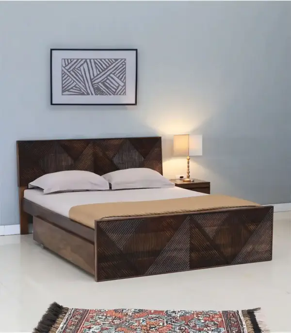 Ritrmo Sheesham Wood Queen Size Bed with Hydraulic Box Storage (Provincial Teak Finish)