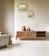 Syna Solid Mango Wood and Rattan Floor Standing TV Unit (Natural Finish)