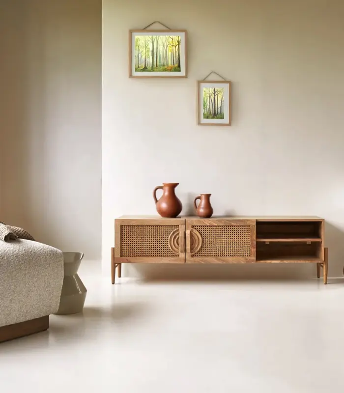 Syna Solid Mango Wood and Rattan Floor Standing TV Unit (Natural Finish)