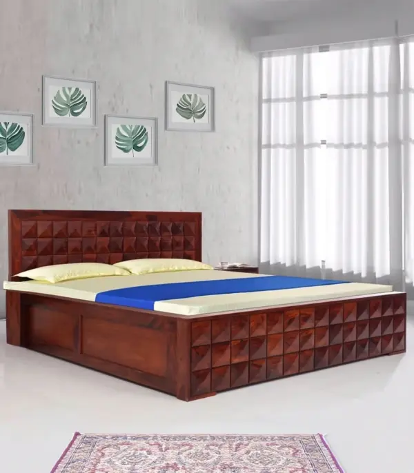 Vector Sheesham Wood Queen Size Bed with Hydraulic Box Storage (Provincial Teak Finish)