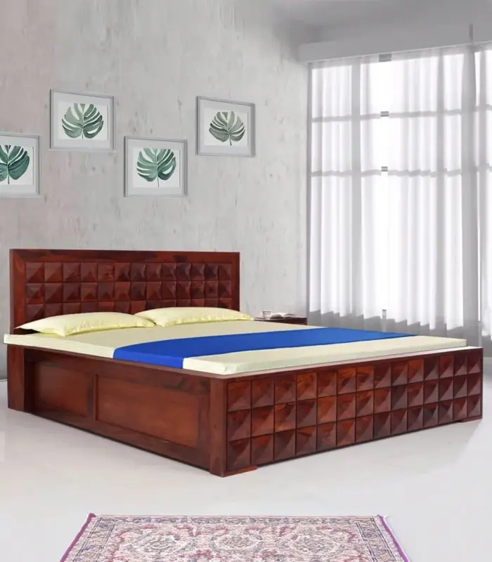 Vector Sheesham Wood Queen Size Bed with Hydraulic Box Storage (Provincial Teak Finish)