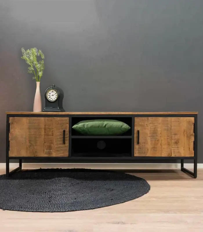 Vound Solid Mango Wood with Metal Frame Floor Standing TV Unit (Natural Finish)