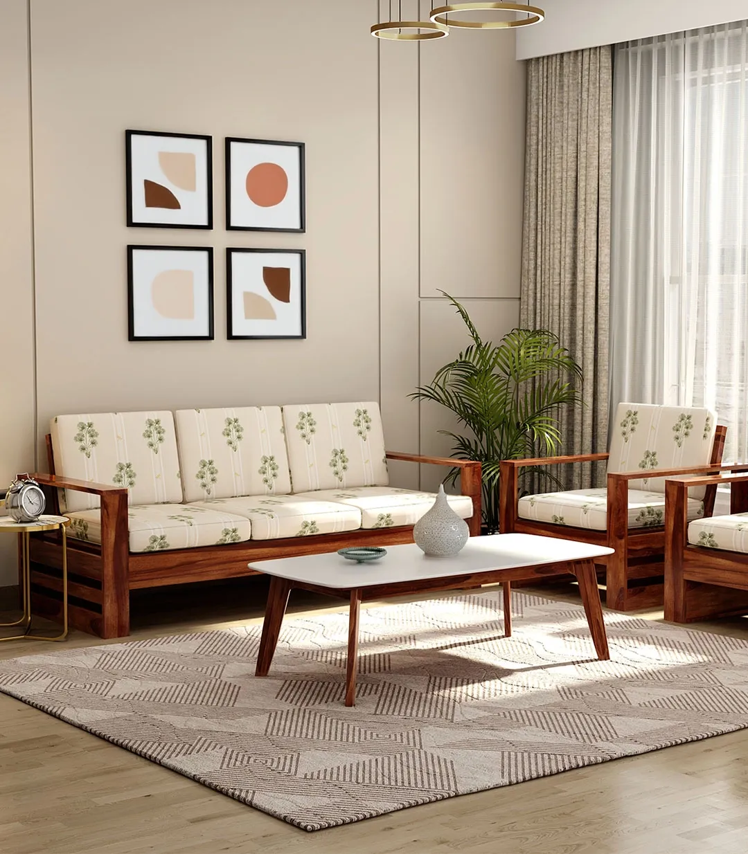Wonster Sheesham Wood Sofa Set with 3+1+1 Seating (Honey Finish Leaf stripes)