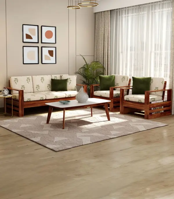 Wonster Sheesham Wood Sofa Set with 3+1+1 Seating (Honey Finish Leaf stripes)