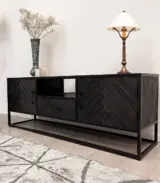 Wudzei Solid Mango Wood with Metal Frame Floor Standing TV Unit (Black Finish)