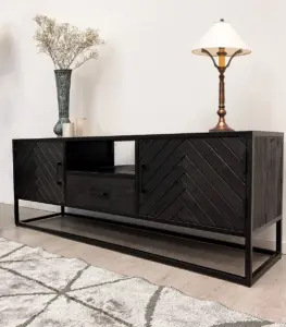 Wudzei Solid Mango Wood with Metal Frame Floor Standing TV Unit (Black Finish)