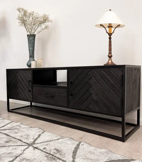 Wudzei Solid Mango Wood with Metal Frame Floor Standing TV Unit (Black Finish)