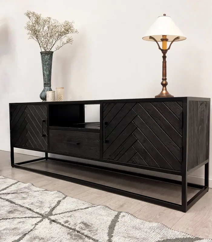 Wudzei Solid Mango Wood with Metal Frame Floor Standing TV Unit (Black Finish)
