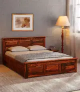 Zurndolf Sheesham Wood Queen Size Bed with Box Storage (Honey Oak Finish)
