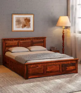 Zurndolf Sheesham Wood Queen Size Bed with Box Storage (Honey Oak Finish)