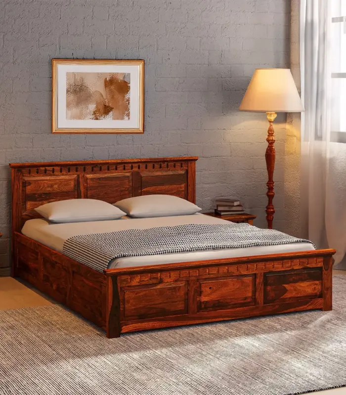 Zurndolf Sheesham Wood Queen Size Bed with Box Storage (Honey Oak Finish)