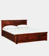Zurndolf Sheesham Wood Queen Size Bed with Box Storage (Honey Oak Finish)