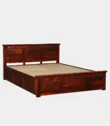 Zurndolf Sheesham Wood Queen Size Bed with Box Storage (Honey Oak Finish)