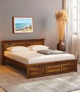Zurndolf Sheesham Wood Queen Size Bed without Storage (Provincial Teak Finish)