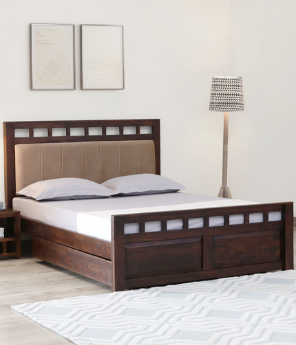 Ulyano Sheesham Wood Queen Size Bed in Scratch Resistant Provincial Teak Finish With Drawer Storage