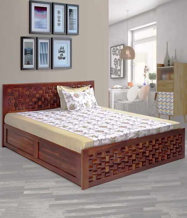 Jolieta Sheesham Wood Queen Size Bed with Hydraulic Box Storage (Honey Finish)
