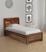 Sougur Sheesham Wood Single Bed with Drawer Storage (Rustic Teak Finish)