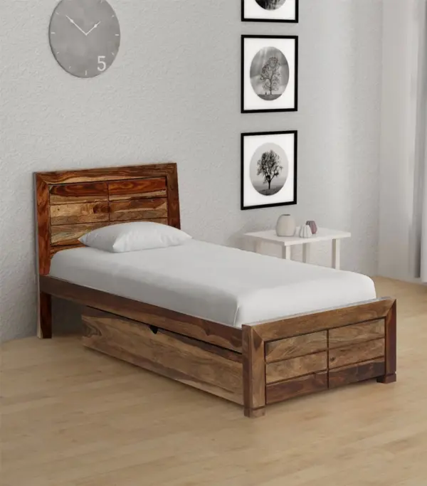 Sougur Sheesham Wood Single Bed with Drawer Storage (Rustic Teak Finish)