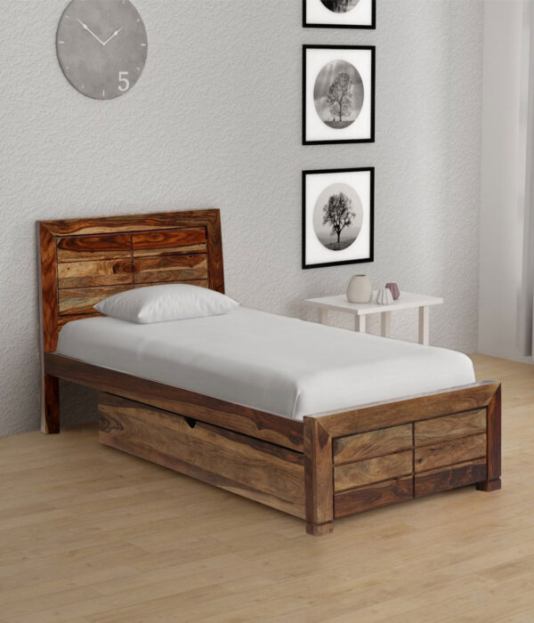Sougur Sheesham Wood Single Bed with Drawer Storage (Rustic teak Finish)