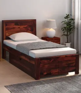 Sougur Sheesham Wood Single Bed with Drawer Storage (Provincial Teak Finish)