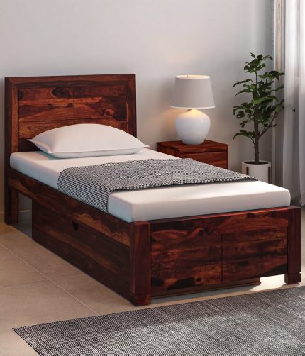 Sougur Sheesham Wood Single Bed with Drawer Storage (Provincial Teak Finish)