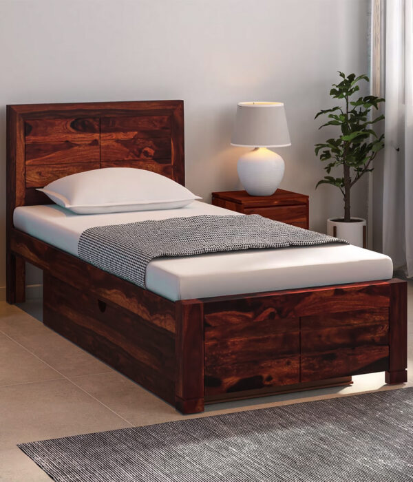 Sougur Sheesham Wood Single Bed with Drawer Storage (Provincial Teak Finish)