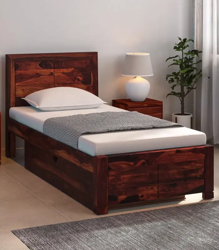 Sougur Sheesham Wood Single Bed with Drawer Storage (Provincial Teak Finish)