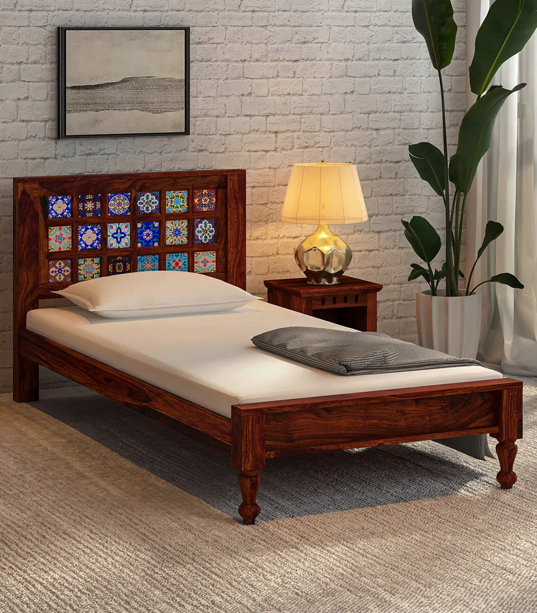 Almora Sheesham Wood Single Bed without Storage (Honey Oak Finish) Almora Sheesham Wood Single Bed without Storage (Honey Oak Finish)